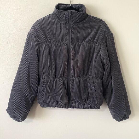 Wishlist Minimalist Normcore Chic Grey Corduroy High Neck Puffer Jacket S/M - Picture 1 of 14